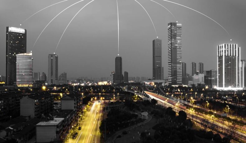 Large buildings with dome lights